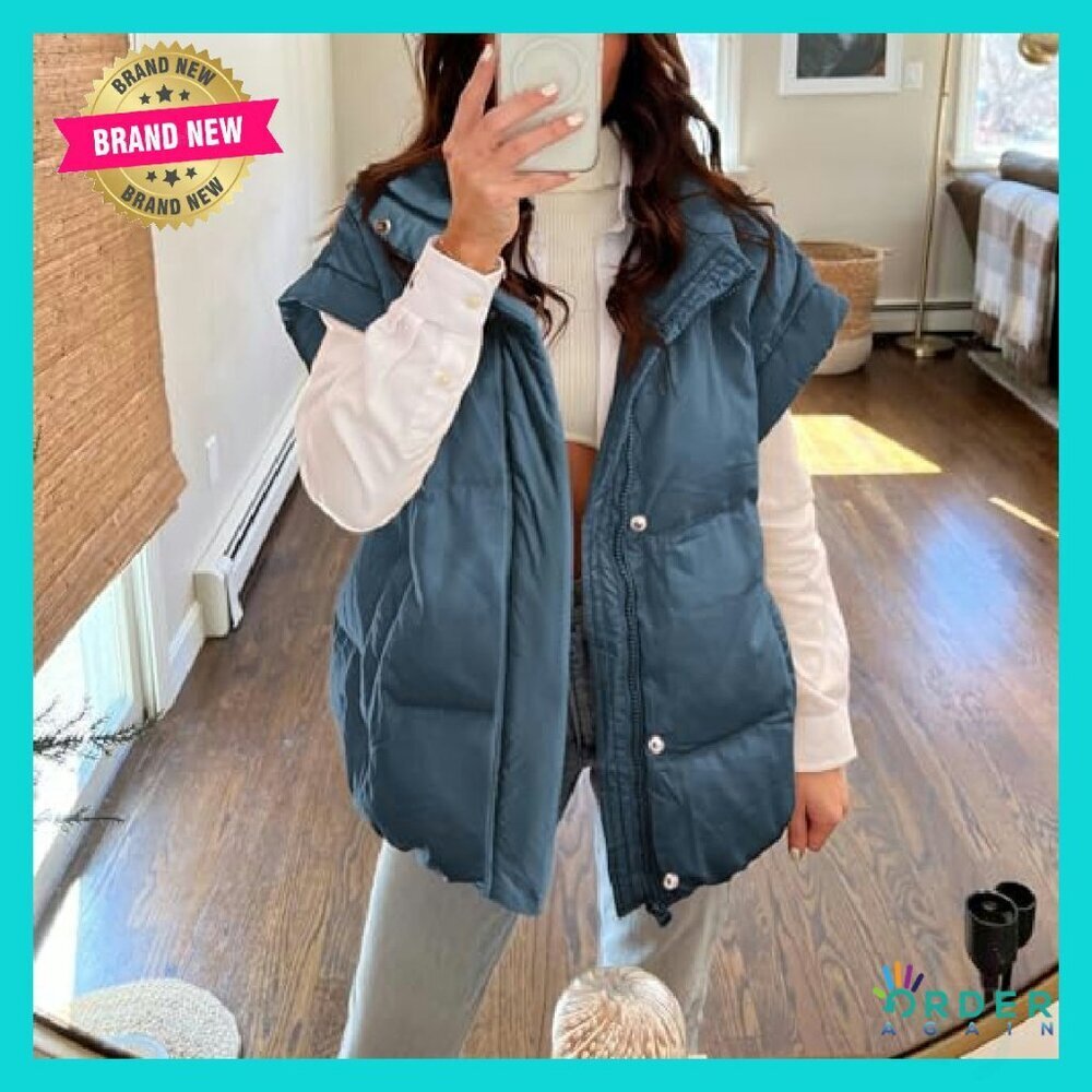 Oversized Puffer Vest Stand Collar Full Zip Sleeveless Quilted Warm Coat - Picture 3 of 7